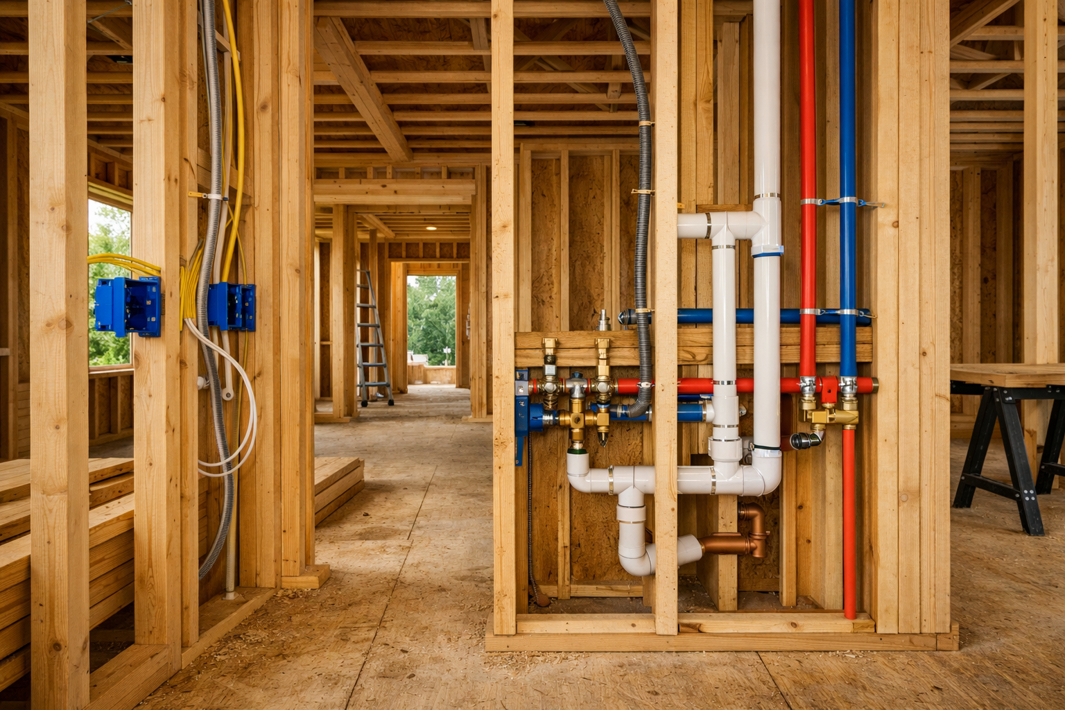 Framed structure with wooden studs and trusses showing early construction stage — K & T Contracting Missouri